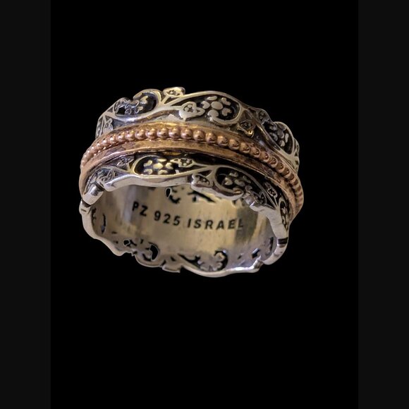 925 Sterling Silver Flower And Leaf 11.7mm Size 9 Two Tone Spinner Ring - Picture 3 of 10